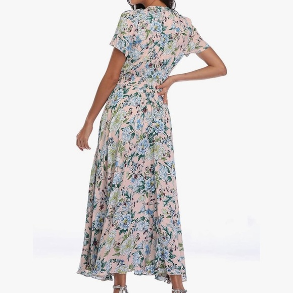 Boutique Pink Floral Midi Dress Button Up Split Summer Boho Long Beach Dress M - Picture 3 of 10